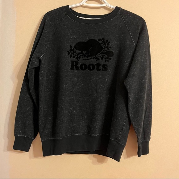 Roots Canada Beaver Black Pepper Logo Crewneck Sweater Sweatshirt size medium - Picture 2 of 8